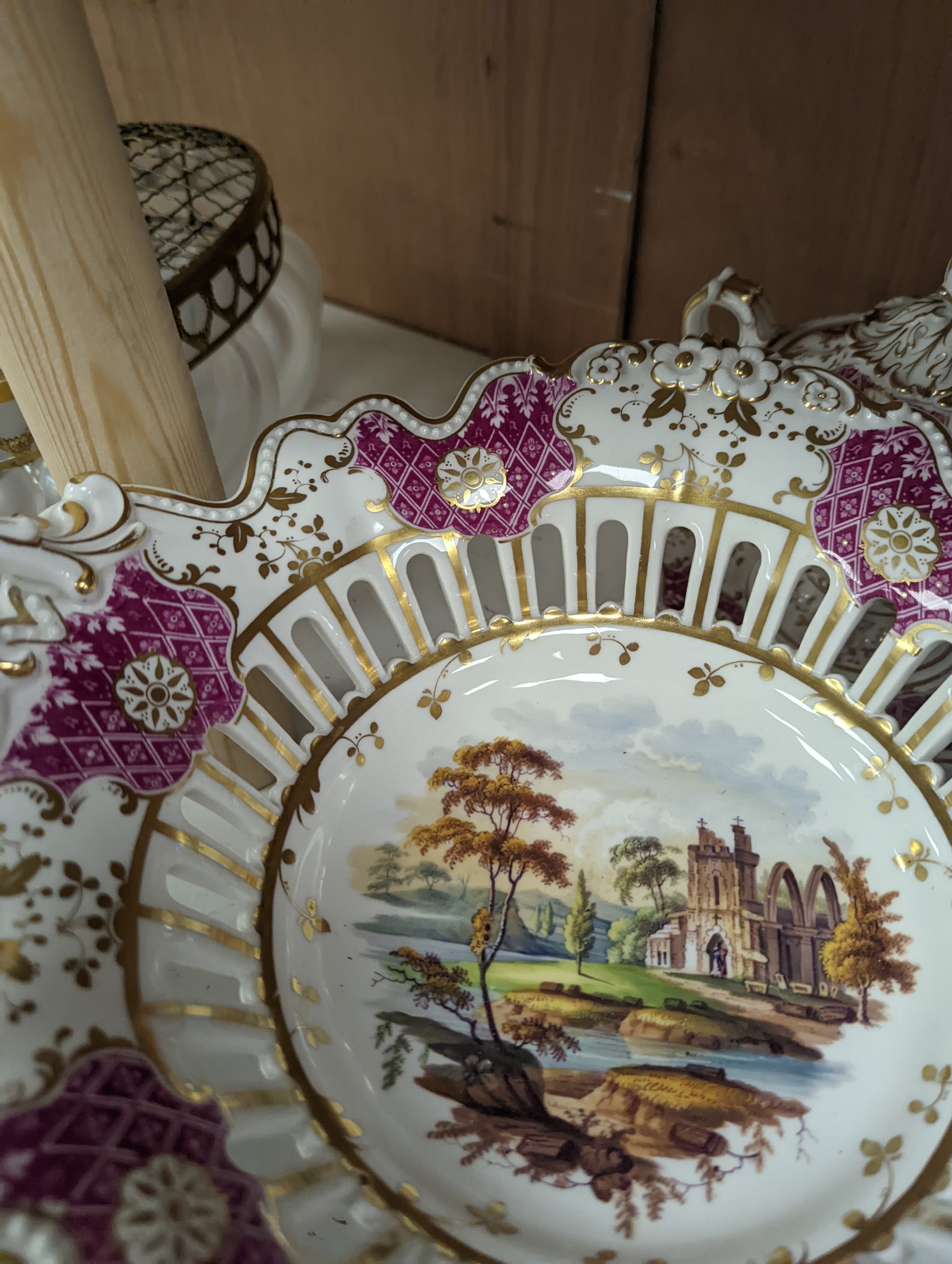 A Ridgways porcelain topographical part dessert service, c.1835, pattern number 2168, the sauce tureens and covers pattern number 2179